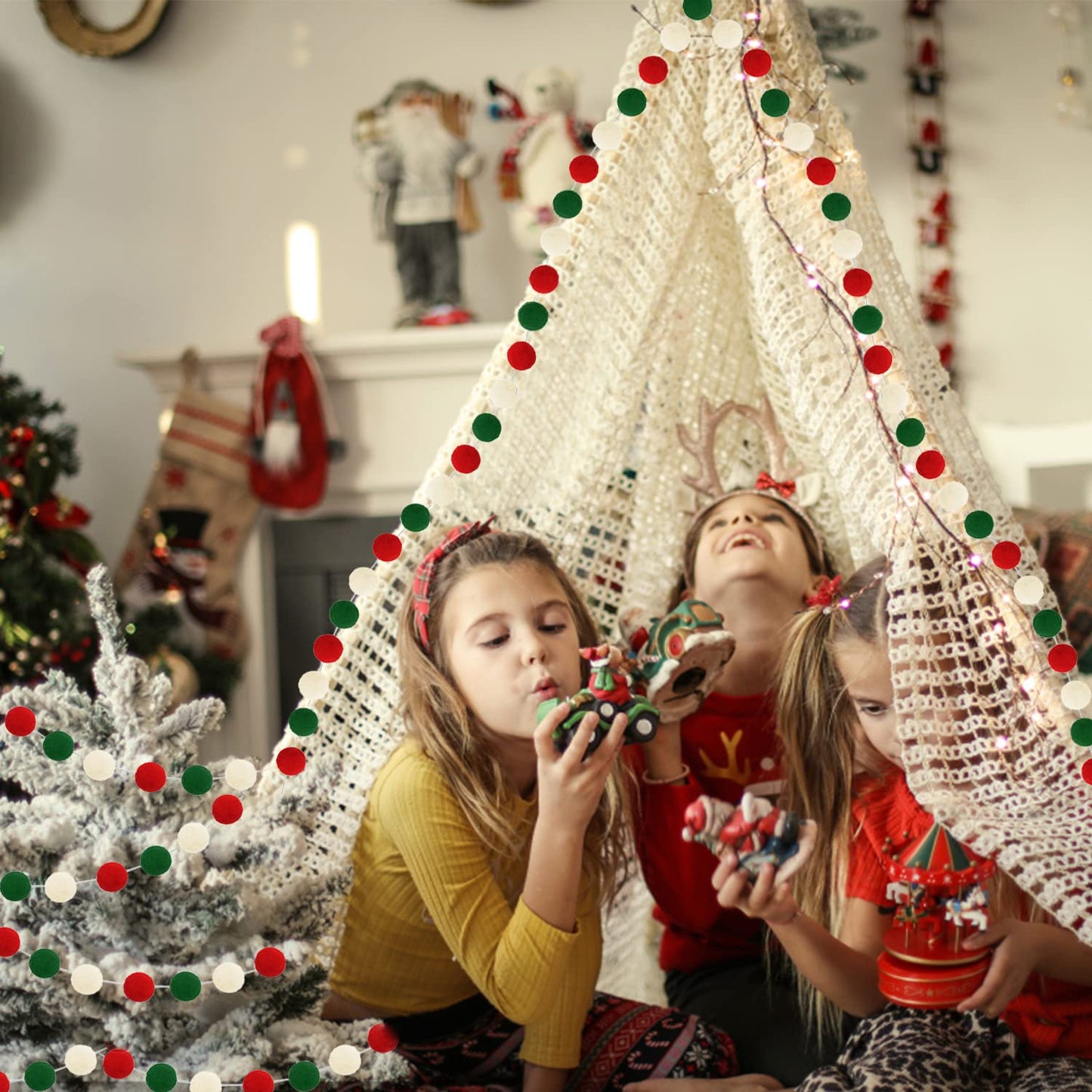 Jishi Christmas Pom Pom Garland Christmas Decorations for Tree Indoor Home Room Decor 3pk Cute Hanging Felt Ball Red White Green Pompom Bead Ornament String Banner Garland Xmas Birthday Party Supplies