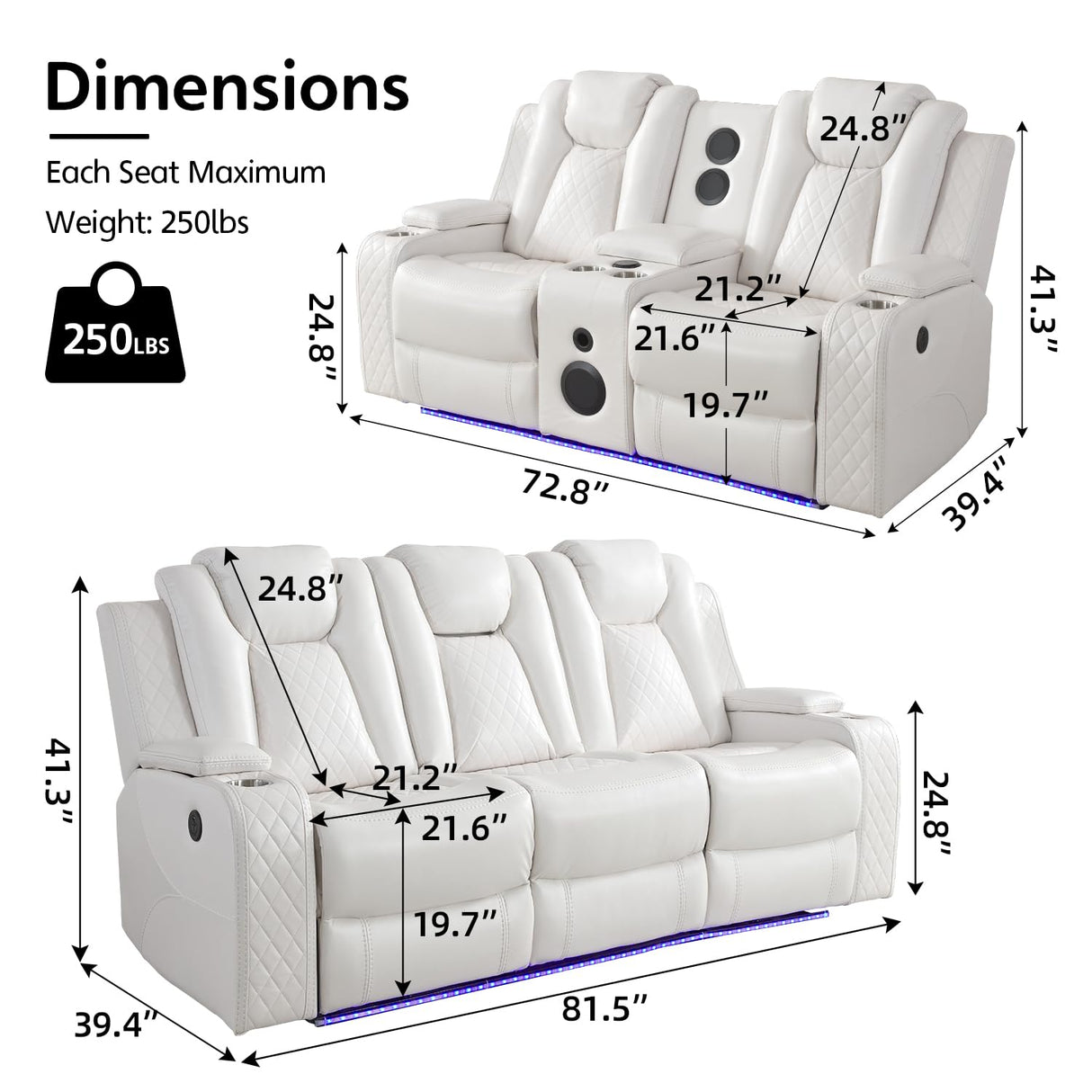 Power Recliner Sofa Set with Bass Speaker for Living Room,Faux Leather 3 Seater Reclining Sofa and Loveseat Seating Couch w/ Wireless Charger,Reading Light,LED Lights,Home Theater Love seat Sets,White Comfort Stretch