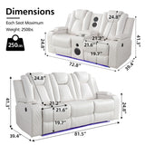 Power Recliner Sofa Set with Bass Speaker for Living Room,Faux Leather 3 Seater Reclining Sofa and Loveseat Seating Couch w/ Wireless Charger,Reading Light,LED Lights,Home Theater Love seat Sets,White Comfort Stretch