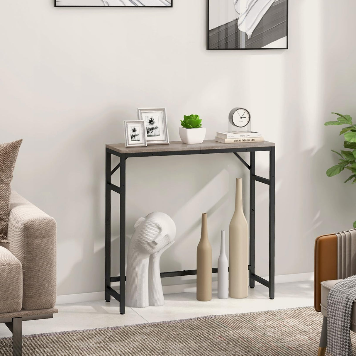 Livofloral Narrow Console Table, 29.5" Small Entryway Table, Sofa Table with 2 Support Bar, Industrial Couch Table, Thin Side Table, Display Table for Living Room, Hallway, Bedroom, Foyer, Grey Livofloral