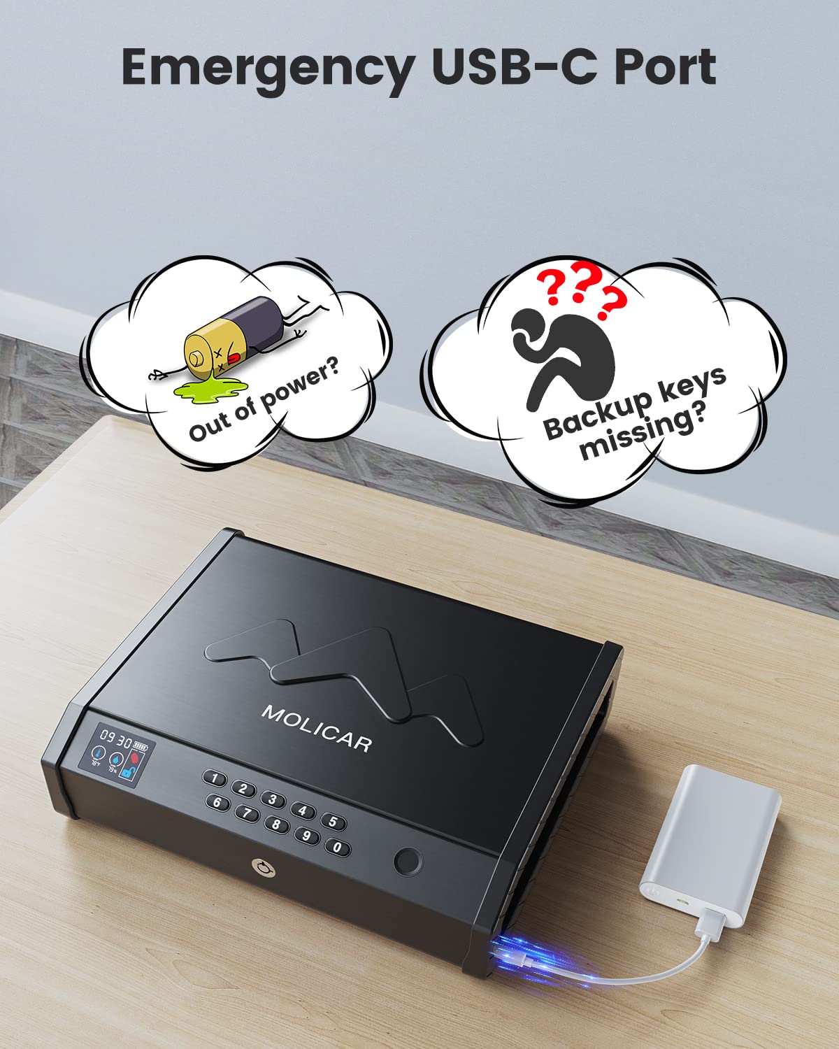 MOLICAR Gun Safe, Biometric Gun Safes for Handgun with LCD of Temp Humidity Battery, USB-C Port, Fingerprint Quick Access Pistol Safe for 2 Guns, Handgun Safe for Home Bedside Nightstand Car MOLICAR