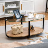 Tangkula Glass Coffee Table, 2 Tier Oval Tea Table with Tempered Glass Tabletop and Wooden Shelf, Modern Glass Sofa Center Table for Home Office, Metal Legs, Home Decor Accent Cocktail Table Tangkula