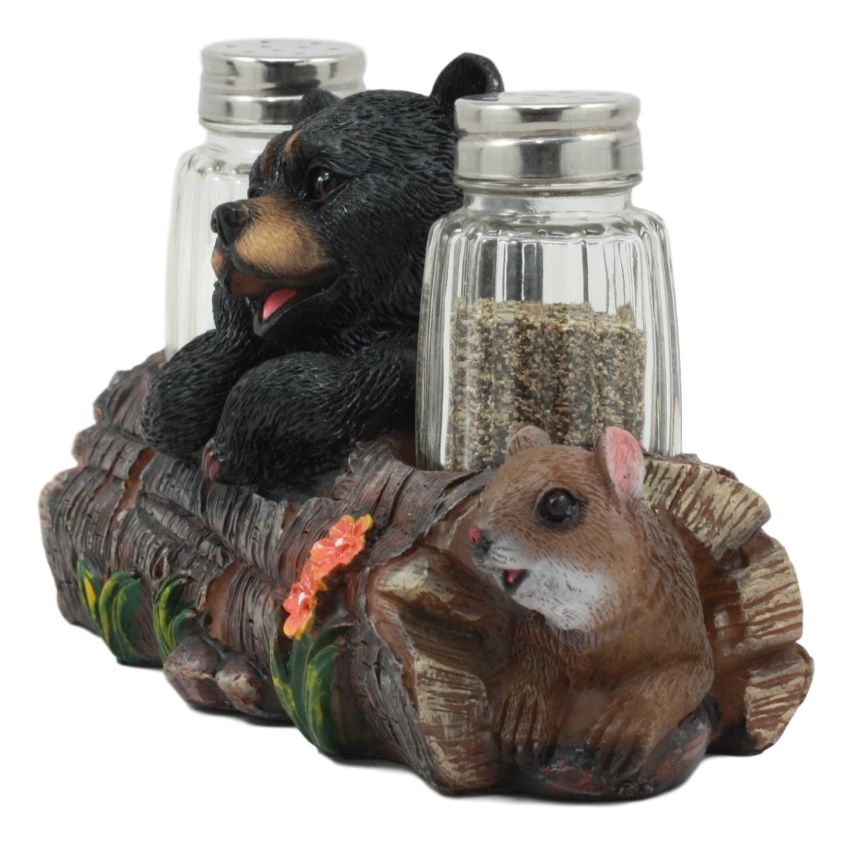 Ebros Black Baby Bear Cub Sitting In Log With Squirrel Salt And Pepper Shakers Holder Statue 6.75"Long Cabin Lodge Whimsical Bear Dining Table Centerpiece Ebros Gift