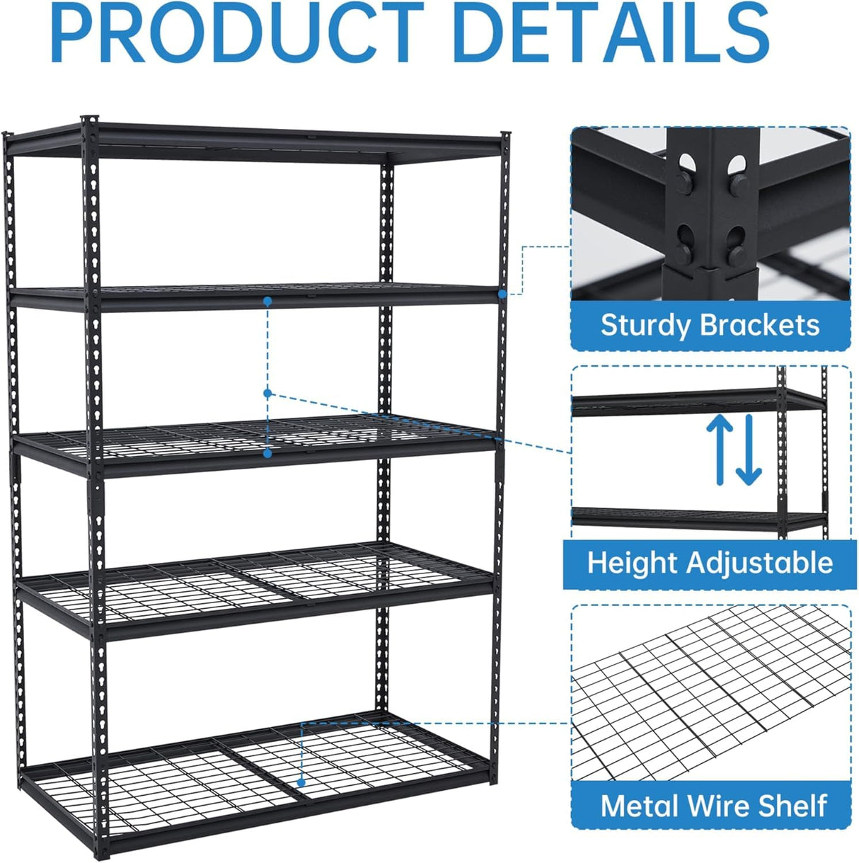 KOKEBREN 2500 Lbs Capacity Heavy Duty Garage Shelving, 48x18x72 Inch 5-Tier Metal Wire Shelves, Adjustable Industrial Storage Rack for Garage, Basement, Warehouse Organization KOKEBREN