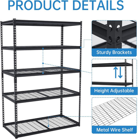 KOKEBREN 2500 Lbs Capacity Heavy Duty Garage Shelving, 48x18x72 Inch 5-Tier Metal Wire Shelves, Adjustable Industrial Storage Rack for Garage, Basement, Warehouse Organization KOKEBREN