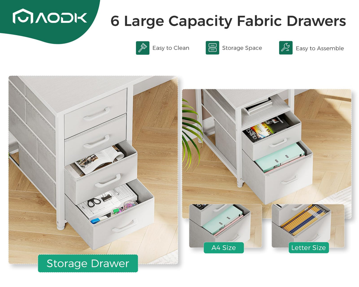 AODK 66" L Shaped Computer Desk, 113“ Reversible Home Office Desk with File Cabinet & 4 Fabric Drawers, Two Person Desk with LED Lights & Power Outlet, Corner Gaming Desk with Monitor Shelf, White AODK