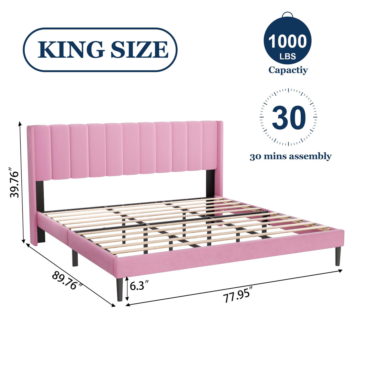 Sismplly King Size Bed Frame and Headboard,Vertical Channel Tufted Wingback No Box Spring Needed, Mattress Foundation, Easy Assembly Pink Sismplly