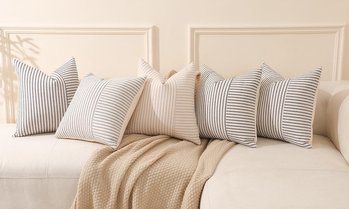 Hckot Set of 2 Farmhouse Throw Pillow Covers 18 x 18 Striped Linen Decorative Pillows Case for Sofa Couch Chair Bedroom Modern Decor(Grey) Hckot