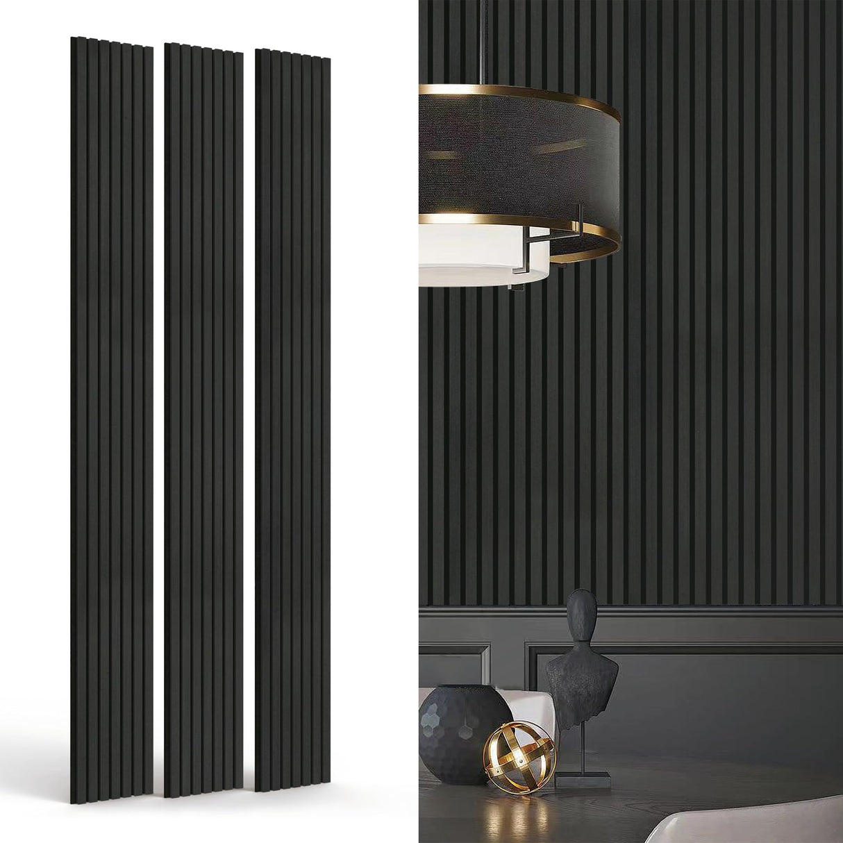 INNO STICKERS 3-Piece Wood Slat Wall Panel for Interior Wall Decor Noise Cancelling 94.5" x 11.4" Acoustic Decorative 3D Sound Absorbing Wall Paneling, Black Oak, 22.4 Sq.Ft INNO STICKERS
