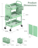ALVOROG 3 Tier Rolling Cart with DIY Pegboards Metal Utility Cart with Wheels Handles Baskets Hooks, Storage Cart for Office Kitchen Bathroom(Green) ALVOROG