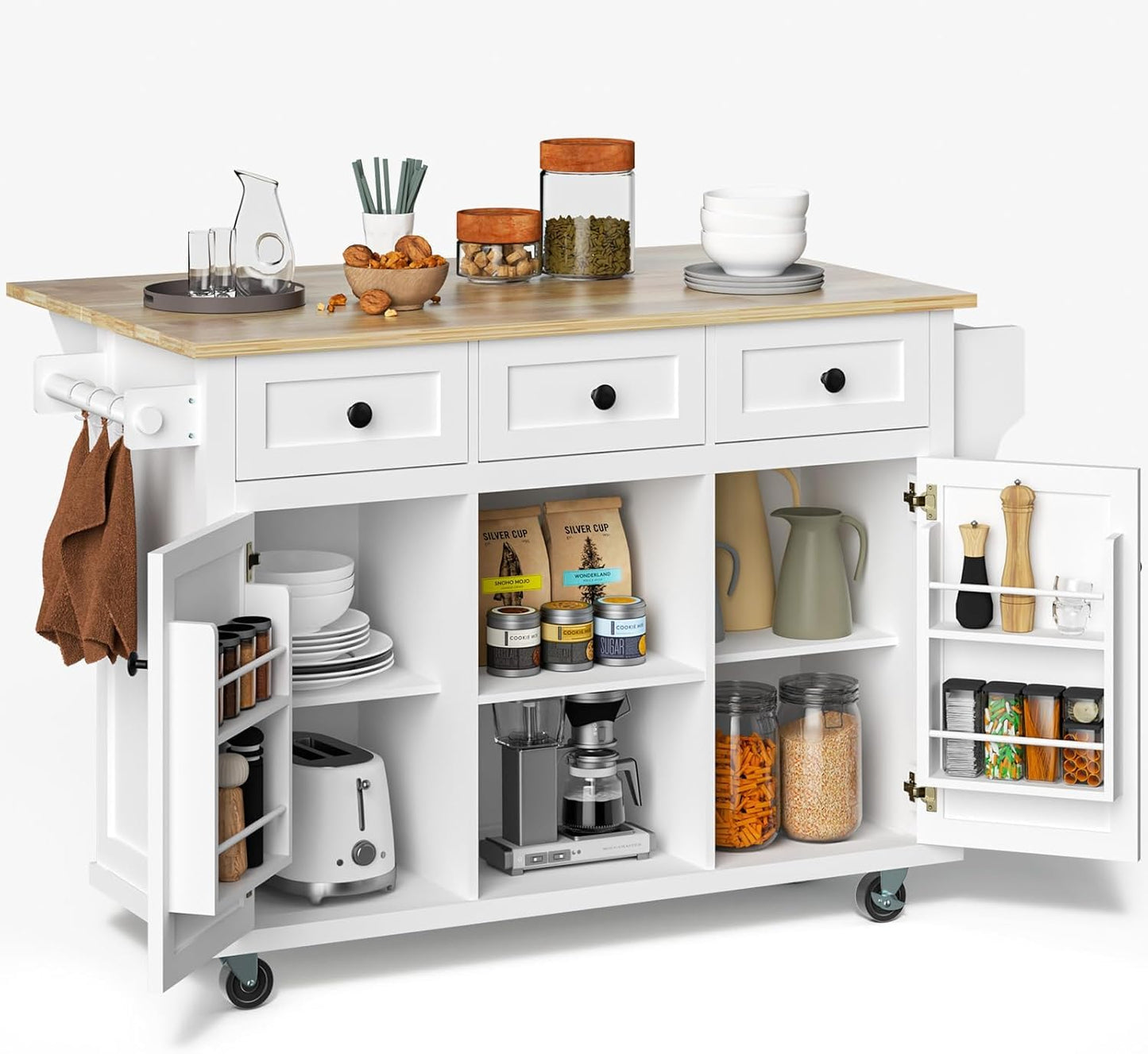 Rovibek Rolling Kitchen Island with Drawers, White Kitchen Island Cart with Storage, 53 in Portabl Island for Kitchen with Large Storage Cabinet, Shelf and Drawer