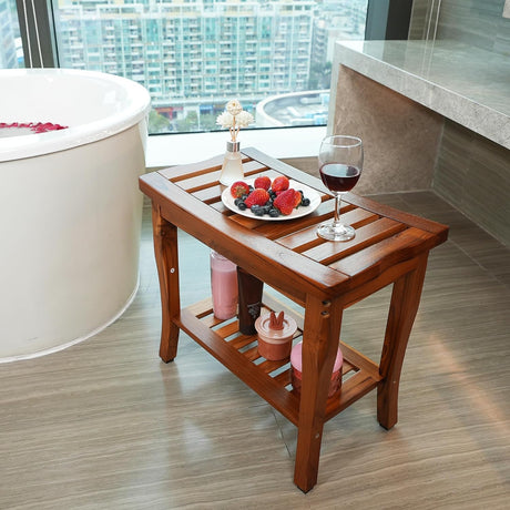VaeFae Teak Shower Bench, Spa Bath Shower Stool with Storage Shelf, Wooden Seat Stool for Bathroom VaeFae