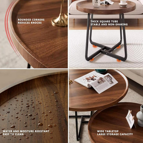Windpost Round Nesting Coffee Table Set of 2, 28" Round Walnut with Fluted,Mid Century Modern,Center for Living Room Bedroom Office Balcony Yard Windpost