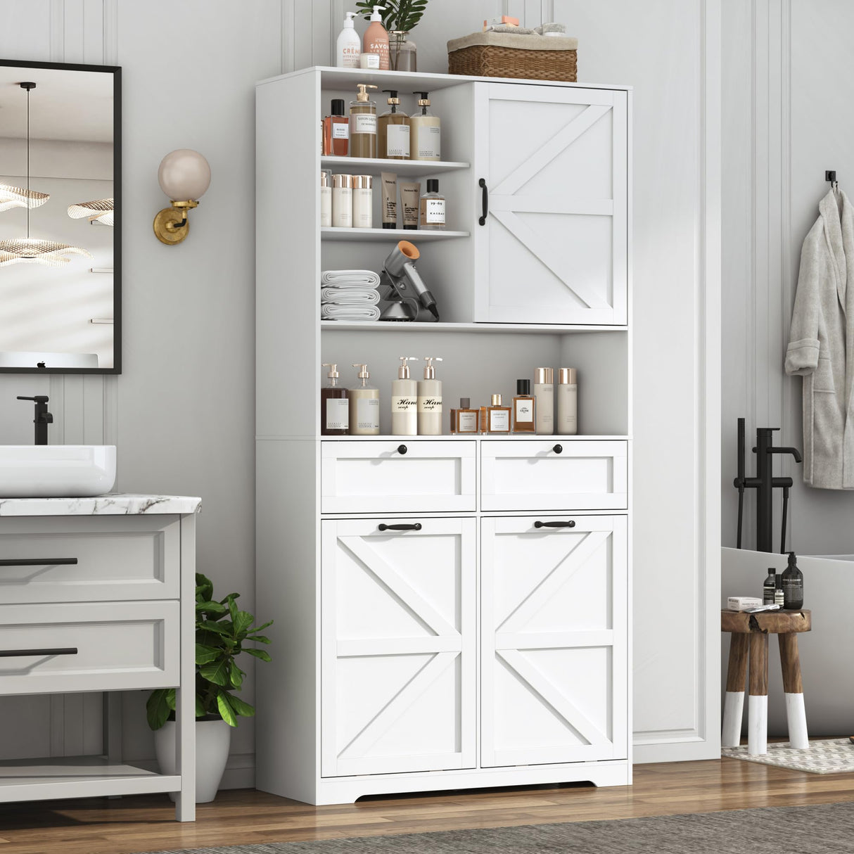 78" Tall Tilt-Out Double Doors Laundry Cabinet Hamper w Hidden Laundry Hamper,Large Pull Out Laundry Room Storage Cabinets,Kitchen Double Tilt Out Trash Cabinet,13X2 Gallon Bathroom Organizers(White) jiteentarou