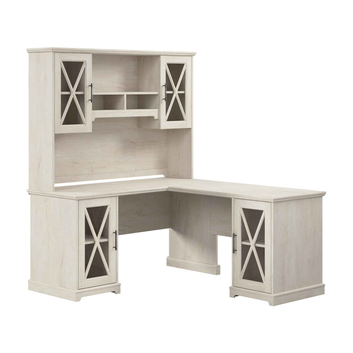 Bush Furniture Lennox 60W Farmhouse L Shaped Desk with Hutch and Storage Cabinets in Linen White Oak, Corner Computer Table for Home Office Bush Business Furniture