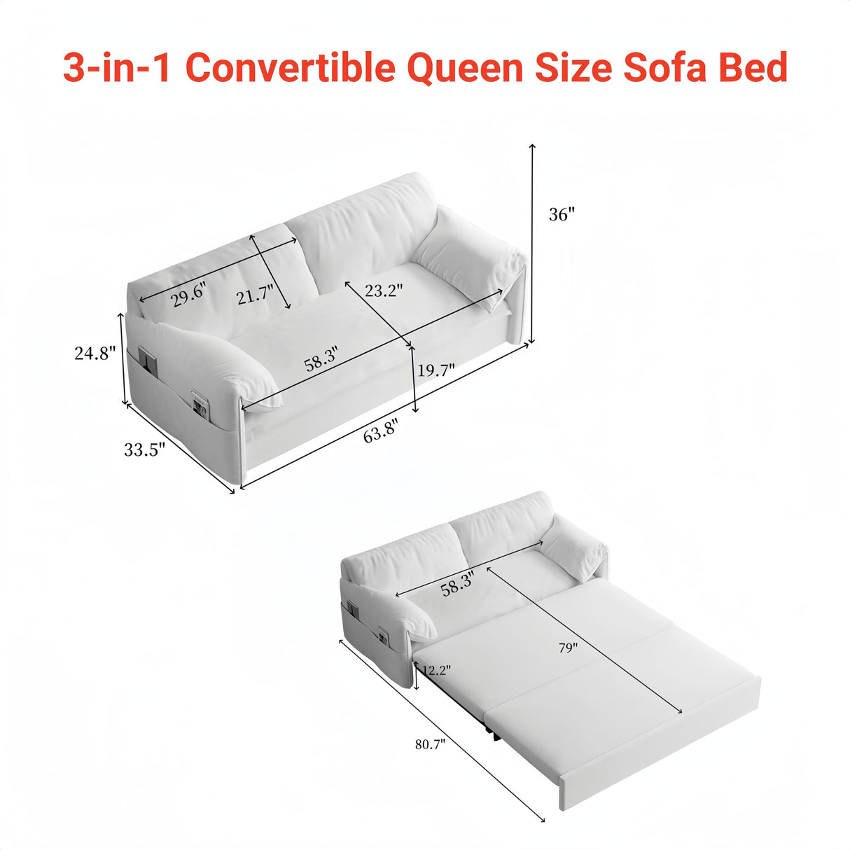 Eafurn Convertible Pull Out Sofa Bed Queen Size, 3-in-1 Convertible Sleeper Couch with Thicked Cushions and Side Storage,Multi-Functional Velvet Loveseat Sofá for Living Room,Bedroom,Apartment,Office Eafurn