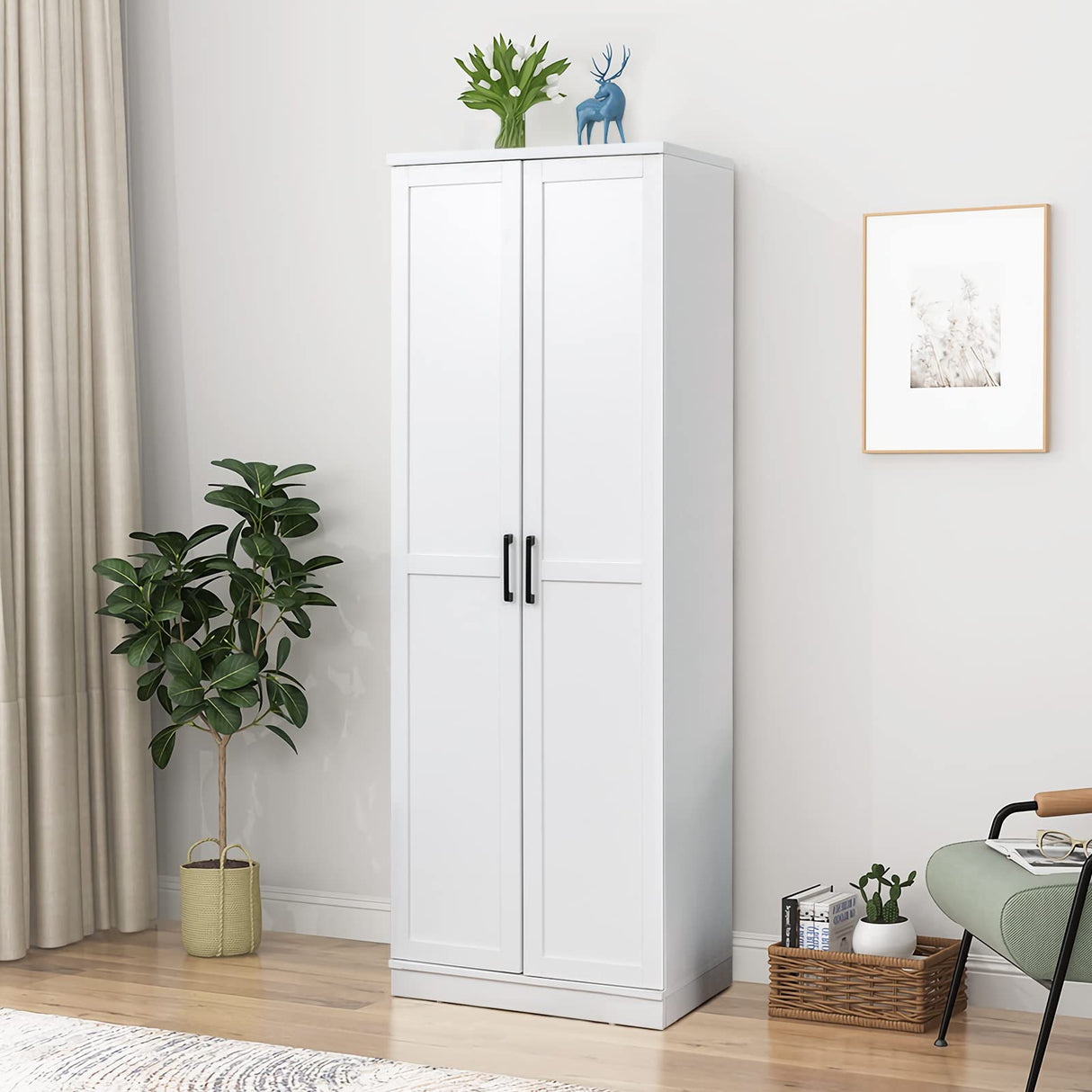 70" Tall White Modern Pantry Cabinet with Adjustable Shelves and Anti-Tip Safety Features LOKO