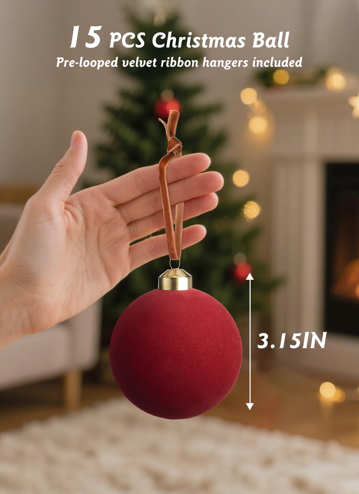 Brightown 15 Pcs Red Velvet Christmas Balls, 3.15 Inch Velvet Ornaments for Christmas Tree, Christma Tree Flocked Ornaments Balls for Family Holiday Wedding Party Xmas Hanging Decoration Brightown
