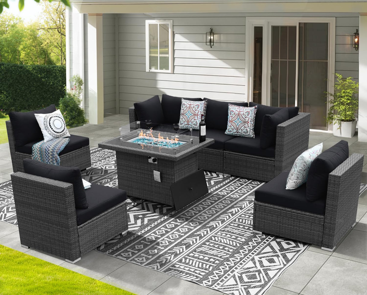 NICESOUL 7 Piece Outdoor Furniture Set with Fire Pit Table Natural Gas & Propane Convertible, 29.3'' High Back Extra Large Rattan Patio Modular Sectional Conversations, 2 Color Cushion Black & Gray NICESOUL