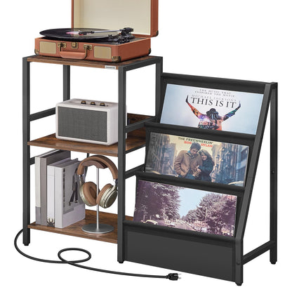 MAHANCRIS Record Player Stand, Turntable Stand with Vinyl Storage, 3-Tier Record Player Storage Holds Up to 210 Albums Record Player Table with Charging Station for Living Room, Rustic Brown  - WoodArtSupply