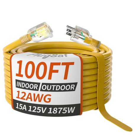 PlugSaf 100ft 12/3 Gauge Outdoor Extension Cord Waterproof with Lighted Indicator,12 Gauge SJTW Heavy Duty 15Amp 1875W,3 Prong Cords Flexible 100% Copper Yellow ETL Listed PlugSaf