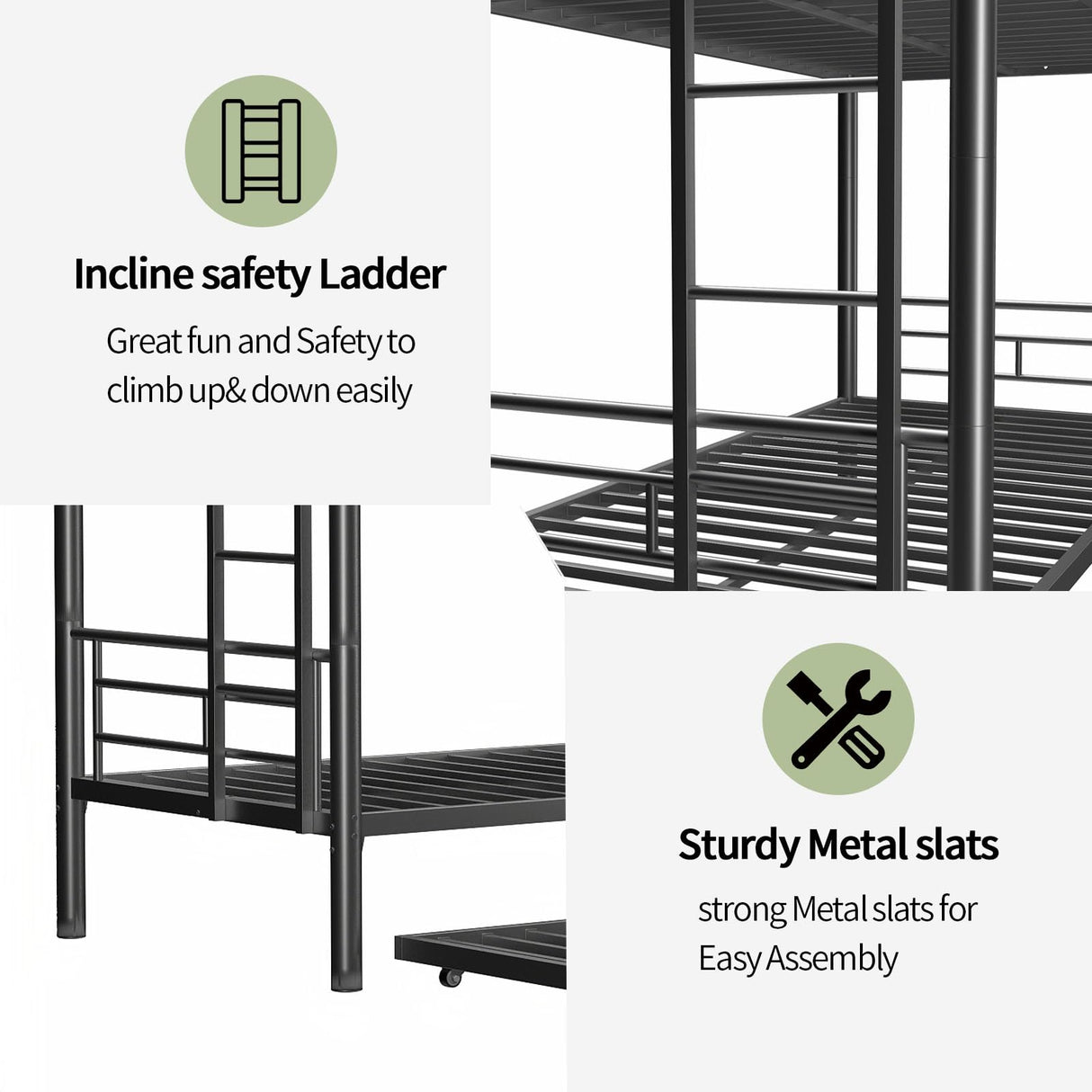 AYUYK Twin Over Full Bunk Bed, 3 in 1 Triple Bunk Beds, Sturdy Steel Triple Bunk Beds Frame with Guardrails and Strong Ladders, Metal Bunk Bed for Kids/Teens/Adults (Black, Twin Over Twin) AYUYK