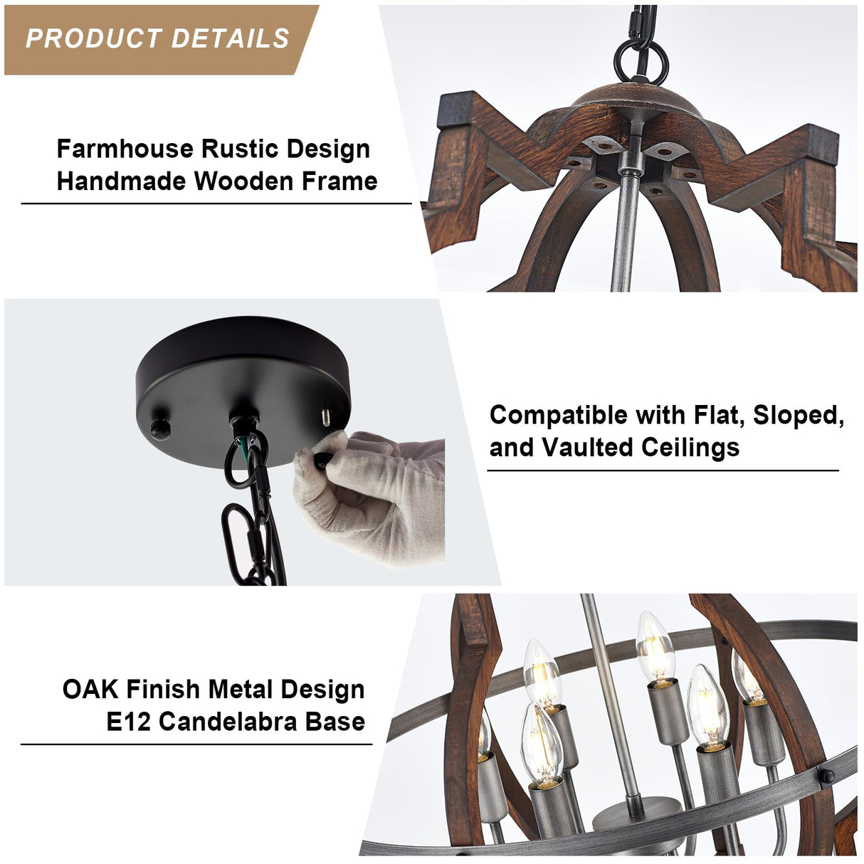 TACDANDM 23'' 6-Light Wood Farmhouse Chandelier for Dining Room Vintage Rustic Oak Brown Pendant Light Fixtures Globe Hanging Ceiling Lighting for Hallway Entryway Foyer Kitchen Living Room Bedroom TACDANDM