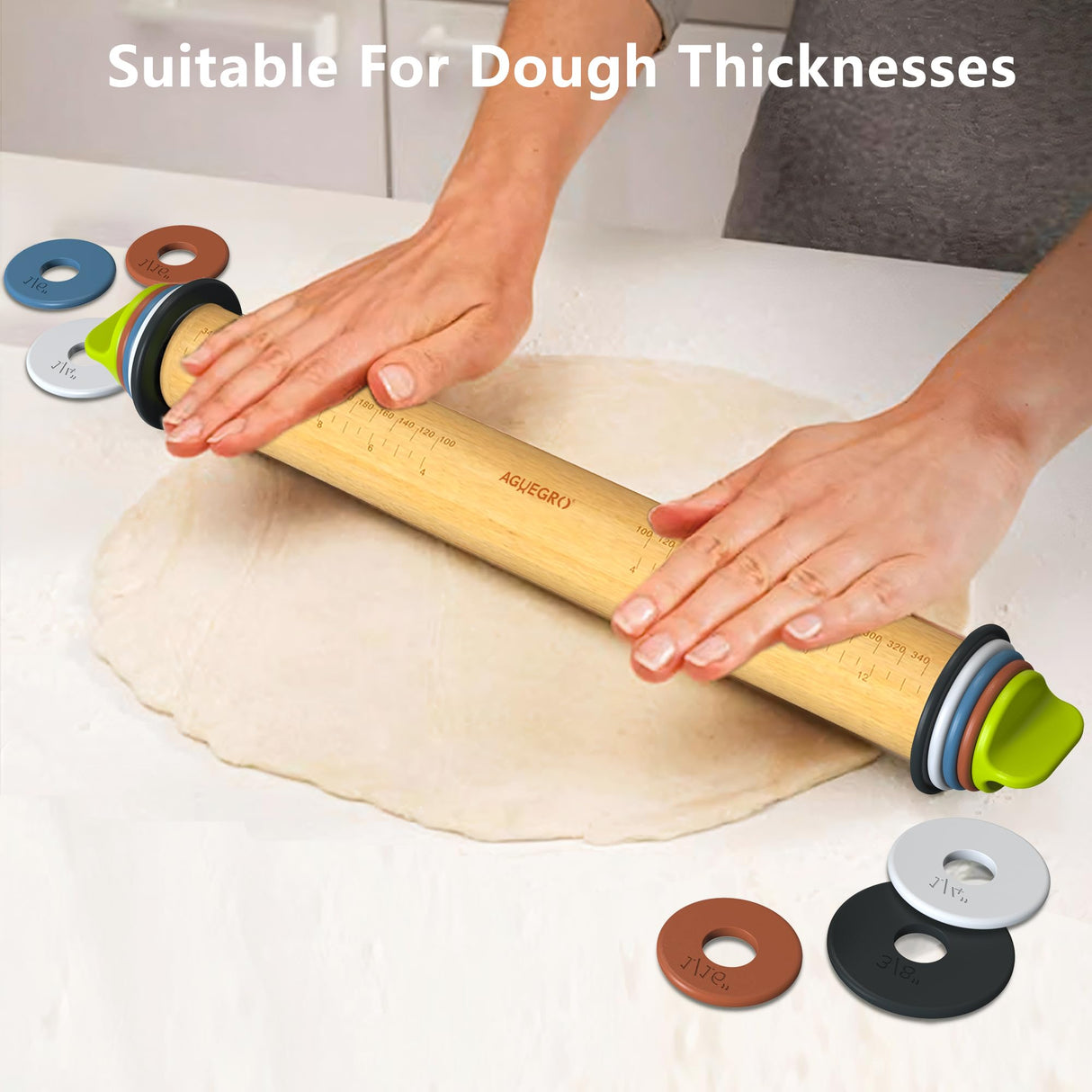 Aguegro Rolling Pin with Adjustable Thickness Ring, Dough Thickness for Baking, Fondant, Pizza, Crust, Cookies, Pastry, 13.6" Wooden Rolling Pin with 4 Multi-Color Thickness Rings Aguegro