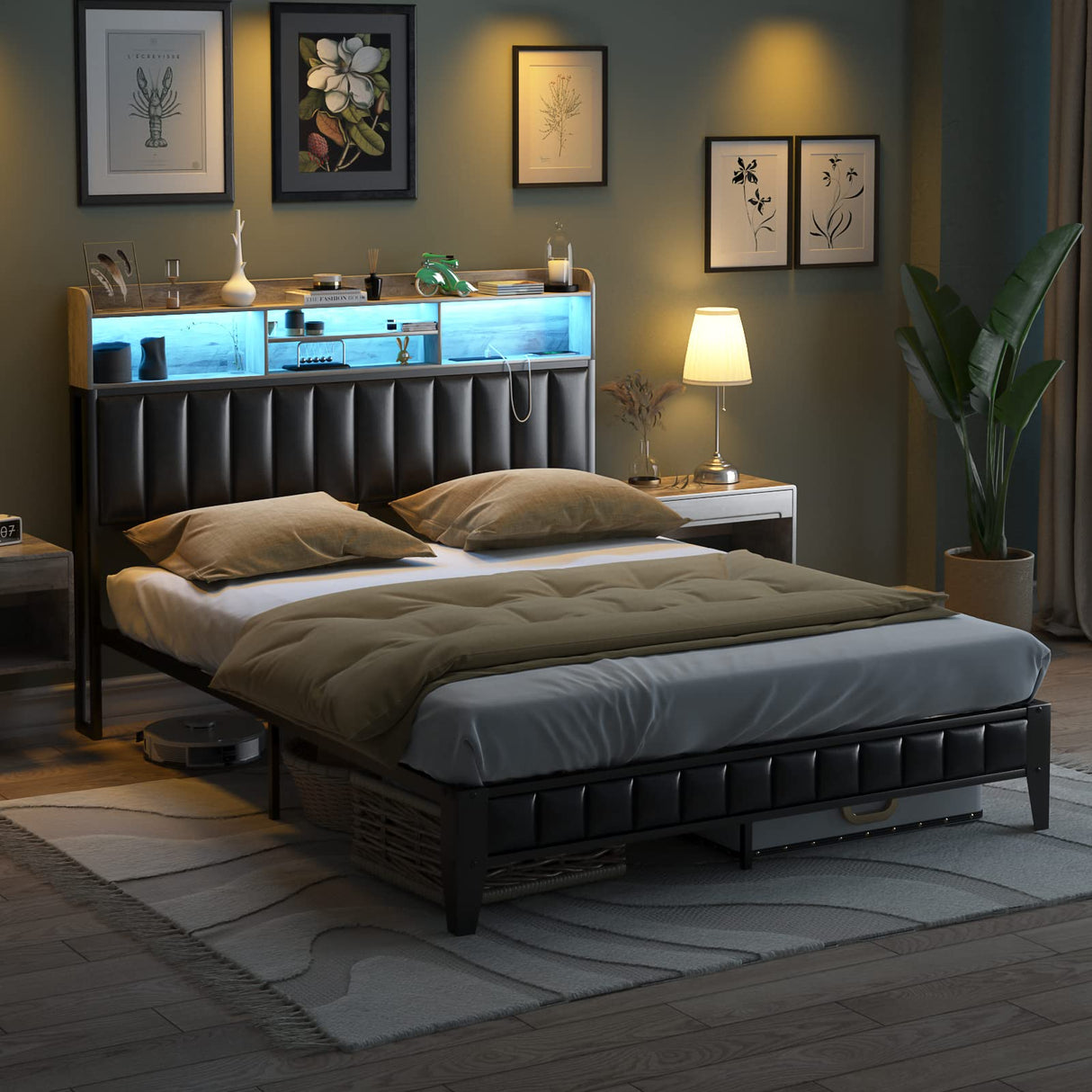 Halitaa LED Queen Bed Frame with Charging Station and Upholstered Bookcase Headboard in Wash Grey Halitaa