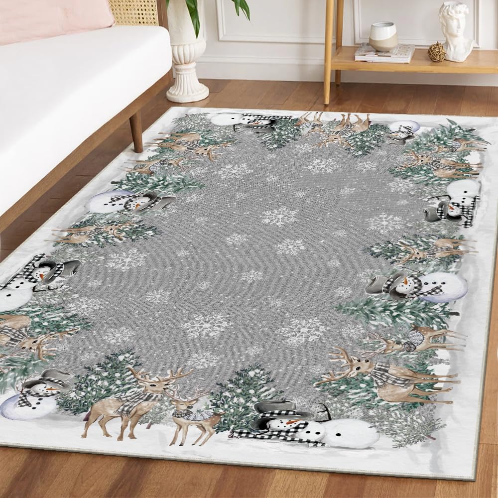 Artoid Mode Grey Snowman Deer Tree Christmas Area Rug, Winter Home Decor Low-Profile Washable Area Rugs for Entryway Bedroom Living Room Laundry Room Indoor 5x7 Feet Artoid Mode