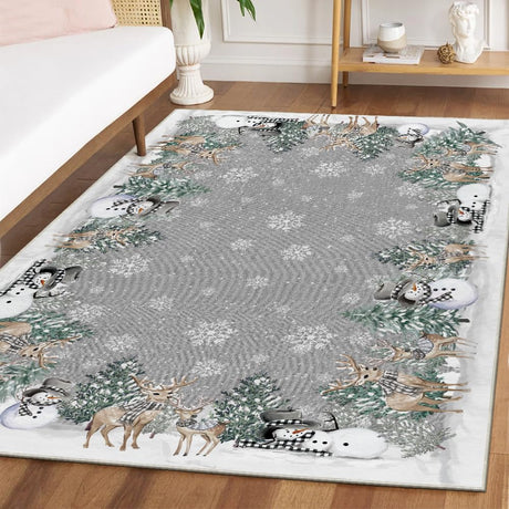 Artoid Mode Grey Snowman Deer Tree Christmas Area Rug, Winter Home Decor Low-Profile Washable Area Rugs for Entryway Bedroom Living Room Laundry Room Indoor 5x7 Feet Artoid Mode