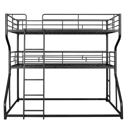 JIJIWANG Full XL Over Twin XL Over Queen Size Triple Bunk Bed with Long and Short Ladder, Unique Curved Metal Frame with Safety Guardrail, Industrial Style Triple Bunk Bed Frame, Black