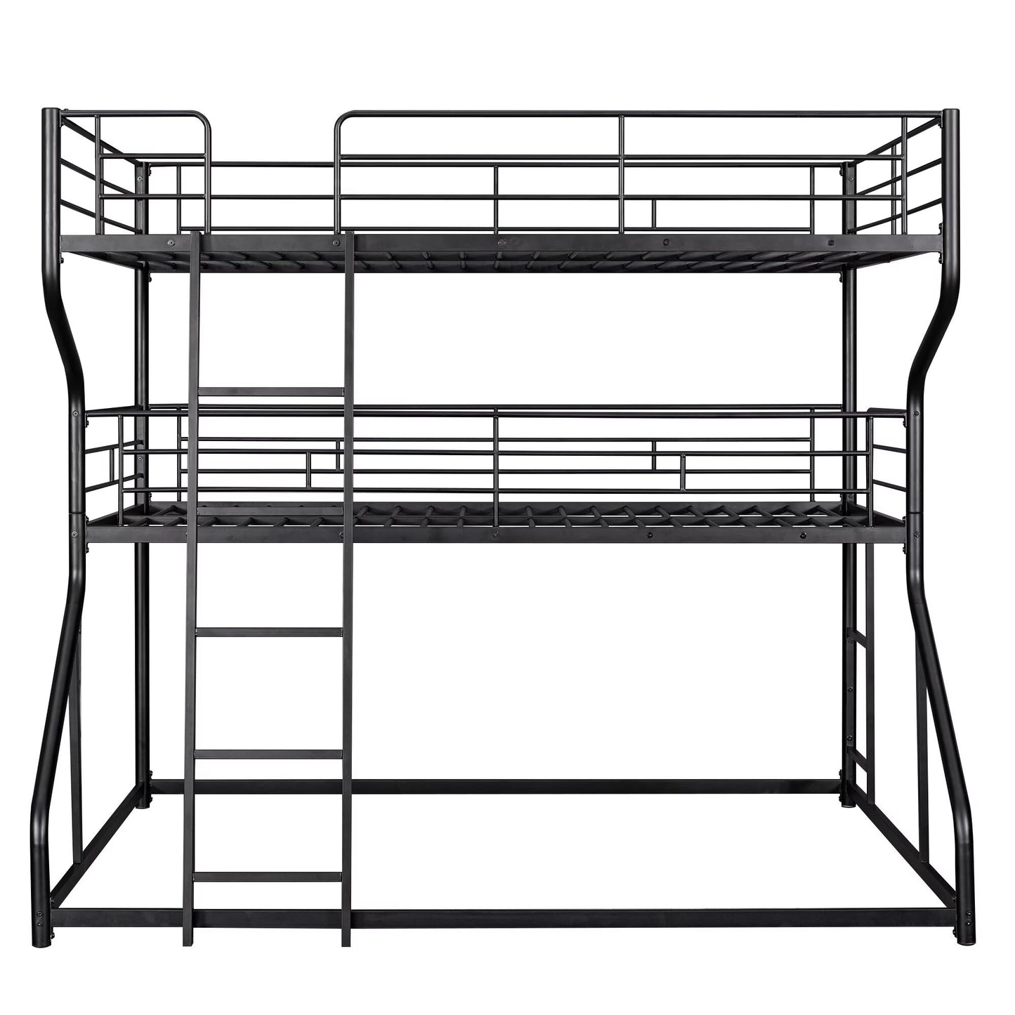 JIJIWANG Full XL Over Twin XL Over Queen Size Triple Bunk Bed with Long and Short Ladder, Unique Curved Metal Frame with Safety Guardrail, Industrial Style Triple Bunk Bed Frame, Black