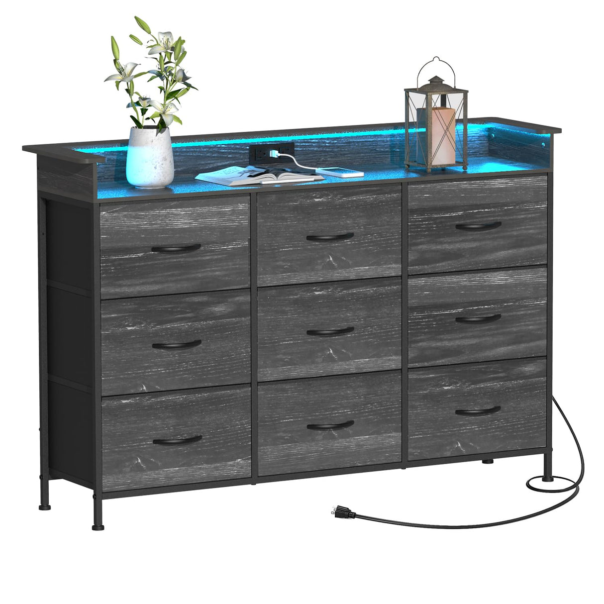 EXOTICA Black Dresser with Charging Station 9 Drawers Dresser with LED Light and USB Ports Fabric Dresser for Bedroom Hallway Entryway Closets Sturdy Steel Frame Wood Top EXOTICA