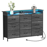 EXOTICA Black Dresser with Charging Station 9 Drawers Dresser with LED Light and USB Ports Fabric Dresser for Bedroom Hallway Entryway Closets Sturdy Steel Frame Wood Top EXOTICA