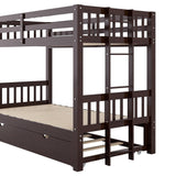 Twin Over Double Twin Bunk Bed with Trundle, Convertible Bottom Bed, Pull-Out Multi-Functional Bunk Bed Can for 4 People, Wooden Bunk Bed with Ladder and Safety Rail, Espresso Bellemave