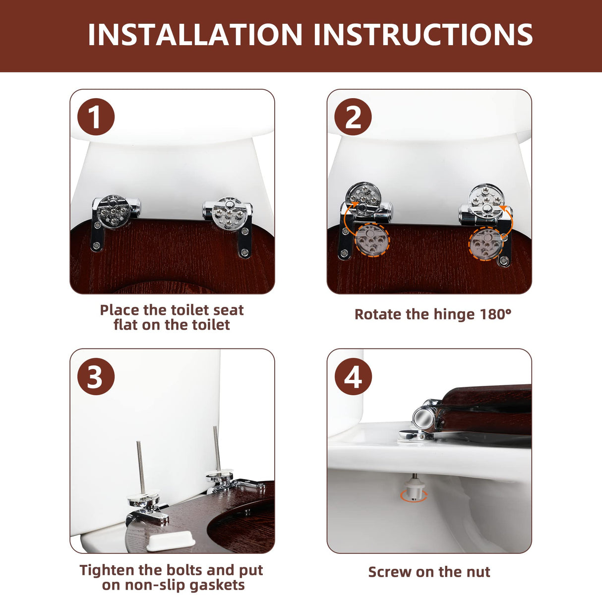 Angel Shield Elongated Wood Toilet Seat with Quiet Close,Easy Clean,Quick-Release Hinges(Elongated,Dark Walnut) Angel Shield