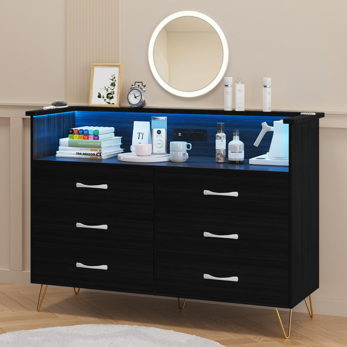 Jojoka 6 Drawer Black Dresser with LED Light for Bedroom, Wooden Dressers with Charging Station, Large Double Dresser with Wide Drawers, Modern Chests of Drawers for Living Room, Hallway, TV Stand Jojoka