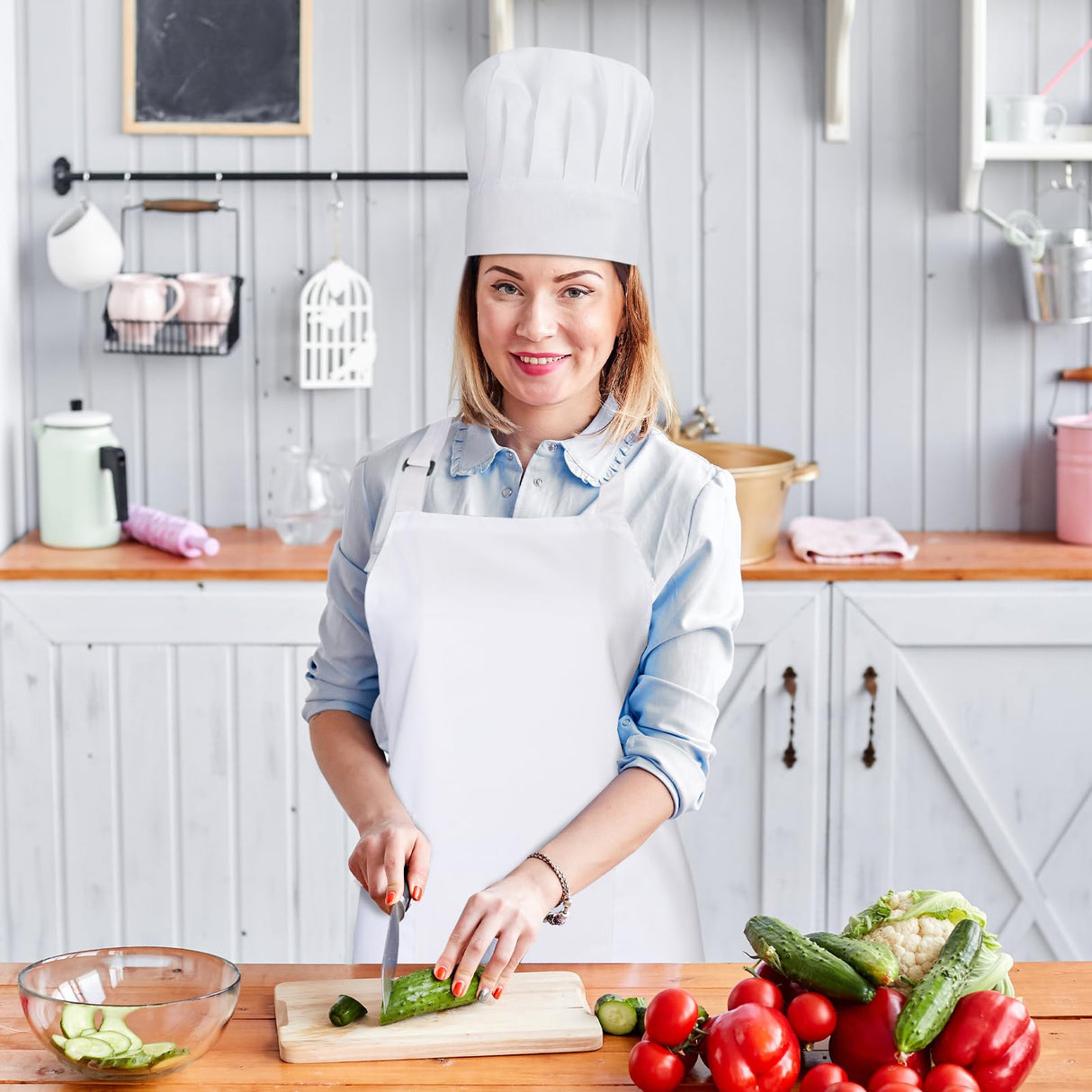 XLSXEXCL 2 Pack Chef Apron and Hat, Adjustable High Cooking Apron Waterproof Kitchen Baking Apron with Two Pockets and Elastic Chef's Hat Set for Women Men Father's Mother's Christmas Gift(White) XLSXEXCL