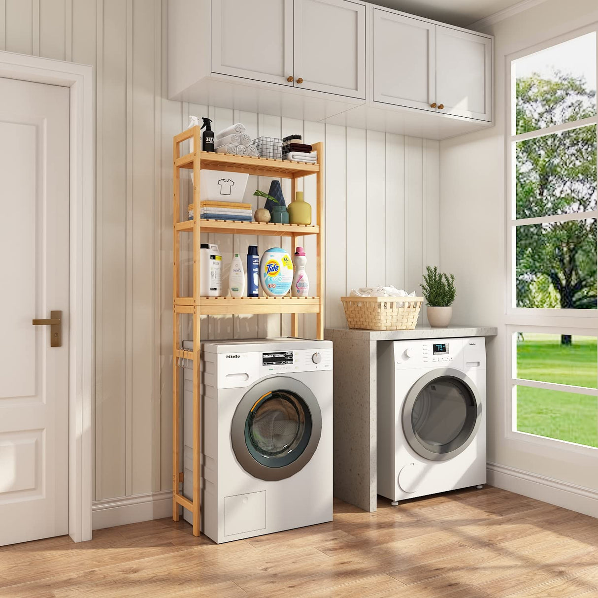 HITOMEN 3-Tier Bamboo Over The Toilet Storage Cabinet with Adjustable Shelves and Hooks HITOMEN