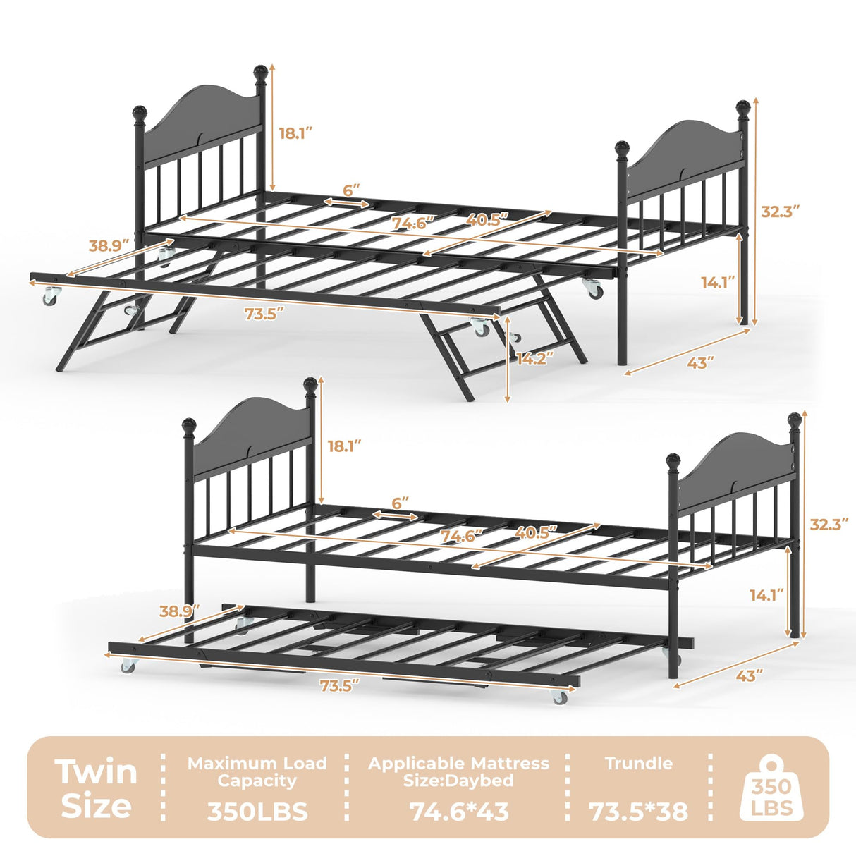 Garvee Twin Daybed with Trundle, Twin Bed Frame with Sturdy Metal Foldable Trundle, Sofa Bed with Stylish Headboard for Living Room, Bedroom and Guest Room, Black Garvee
