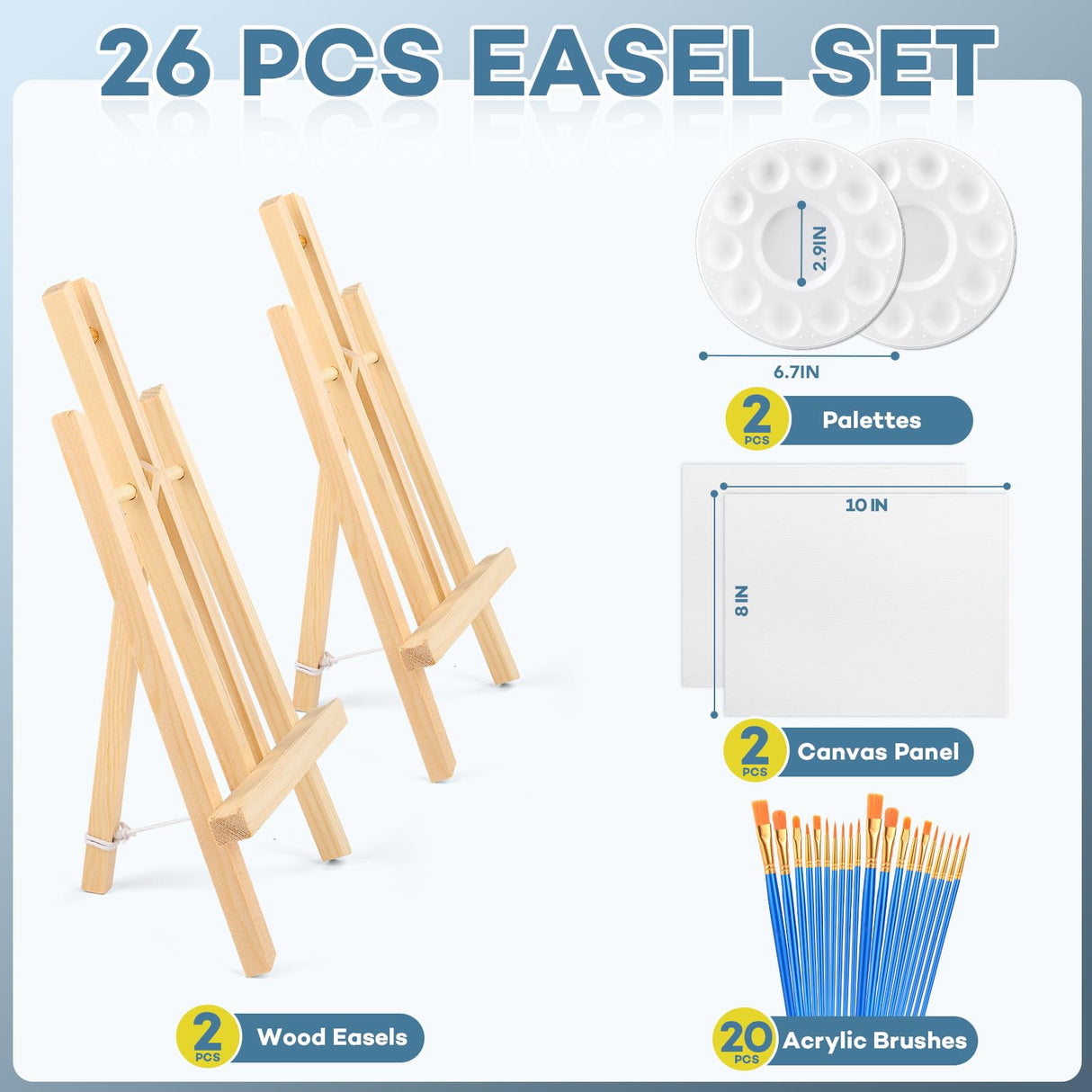 ESRICH 26PCS Professional Painting Set with 2 Wood Easel (11.8in), 20 Paint Brushes, 2 Canvas, 2 Plate, Easel Set, Painting Supplies Kit for Kids, Adults, Artists and Beginners, to Painting Party ESRICH