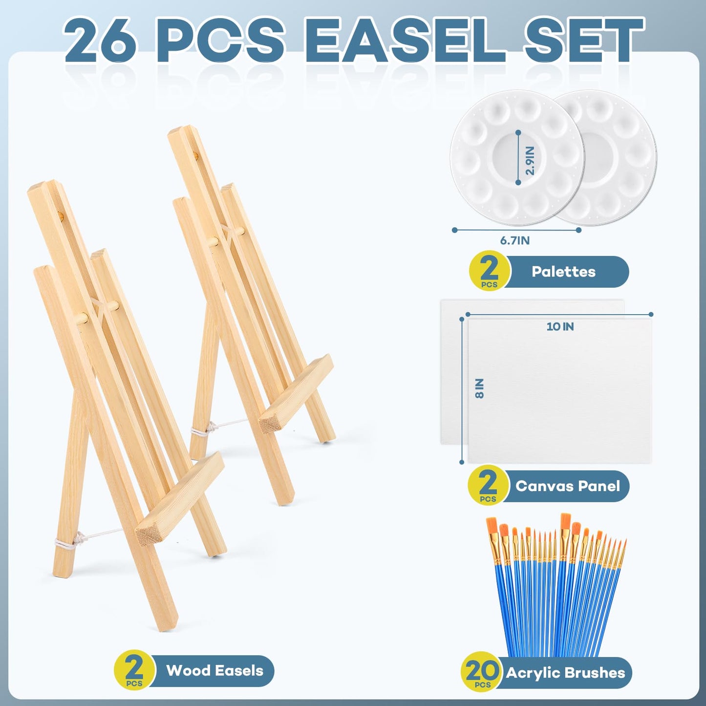 ESRICH 26PCS Professional Painting Set with 2 Wood Easel (11.8in), 20 Paint Brushes, 2 Canvas, 2 Plate, Easel Set, Painting Supplies Kit for Kids, Adults, Artists and Beginners, to Painting Party