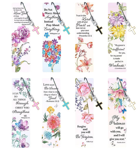 HTTDMY 8PCS Bible Verse Diamond Painting Art Bookmarks,Cute Acrylic Bookmarks Crafts Kits with Cross Pendants for Adult Women Book Lovers (Flower) HTTDMY