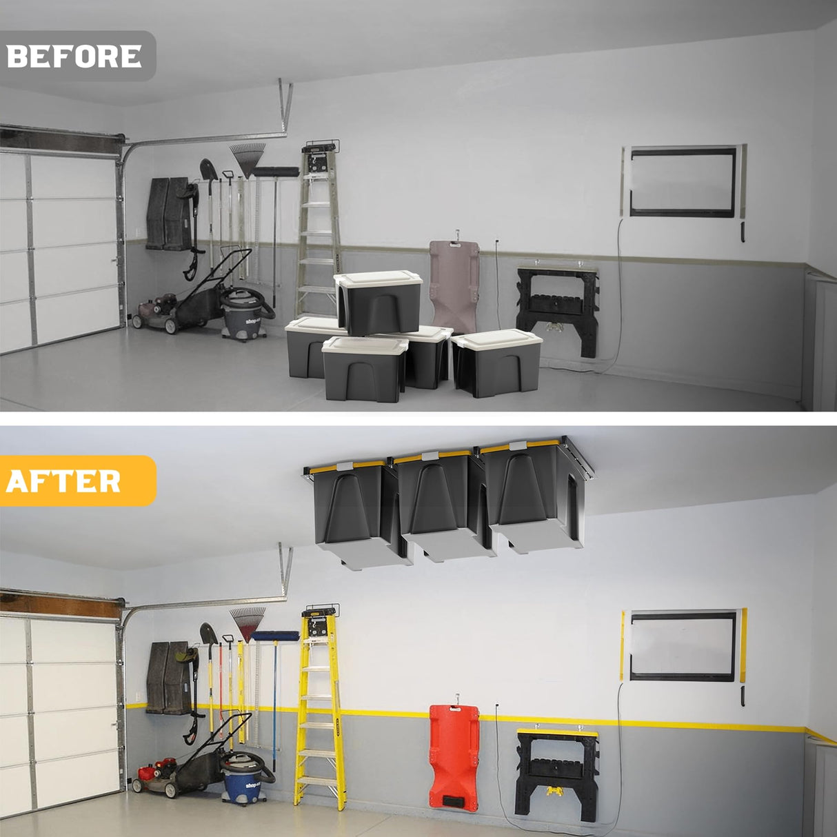 WALMANN Ceiling Tote Storage Rails, Heavy Duty Garage Ceiling Bin Storage Rack Adjustable Overhead Tote Slide Rail(4 Pack for 3 Bins, Bins Are Not Included) WALMANN