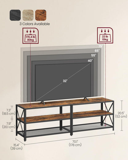 VASAGLE TV Stand, TV Console for TVs Up to 75 Inches, TV Table, 70.1 Inches Width, TV Cabinet with Storage Shelves, Steel Frame, for Living Room, Bedroom, Rustic Brown and Black ULTV096B01V1