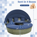 RELAX4LIFE Round Outdoor Daybed with Canopy, Rattan Wicker Sectional Sofa Set w/Cushions, Height Adjustable Table, Conversation Bed Lounger Separated Seating for Outside Pool, Patio Daybed (Navy) RELAX4LIFE
