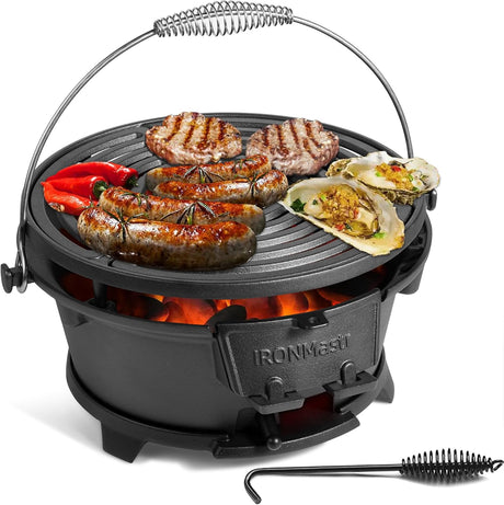 IronMaster Hibachi Grill Outdoor, 100% Cast Iron Grill, Mini Small Portable Charcoal Grill for Outdoor Camping Stove - 2 Heights, Air Control, Coal Door IronMaster