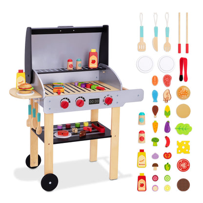 OOOK Wooden Play Barbecue Toy Grill, Kids Grill Playset with Play Food and Grilling Tools, Play Kitchen Accessories for Toddlers Boys Girls Age 3+ - WoodArtSupply