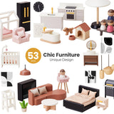 Tiny Land Doll House, Modern Family Dollhouse with Realistic Design, Wooden Dollhouse with 53Pcs Furniture - Ideal Gift for Kids Ages 3+ Tiny Land